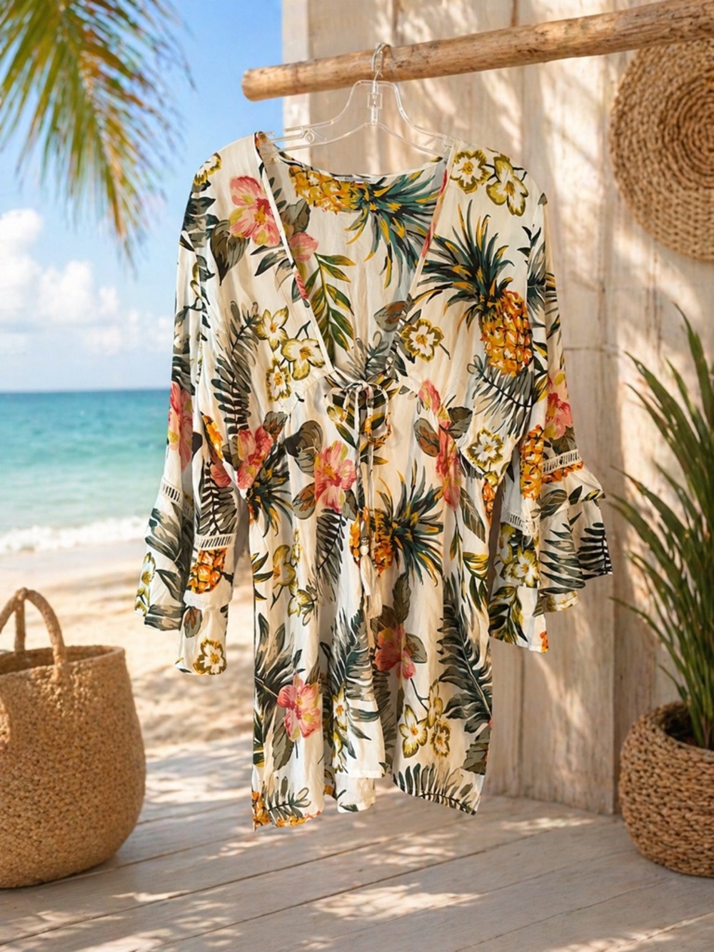 Blue Island hibiscus floral rayon Beach cover-up dress swim cover-up